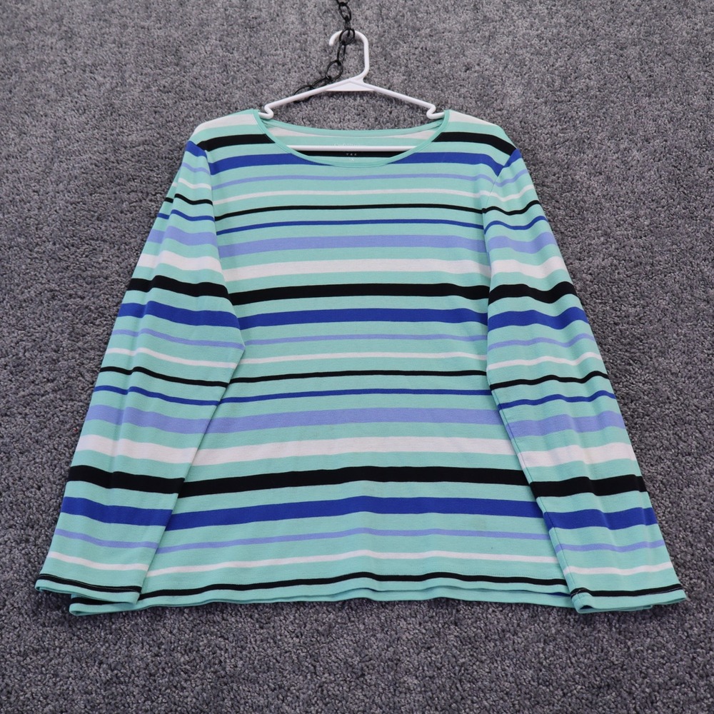 Croft & Barrow Classic Tee Womens 1X Teal Blue Striped Long Sleeve